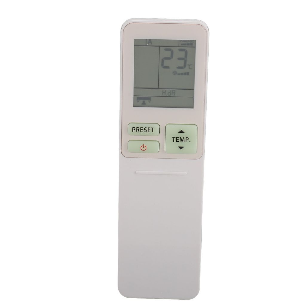 A white remote control for an air conditioner is shown against a white background.