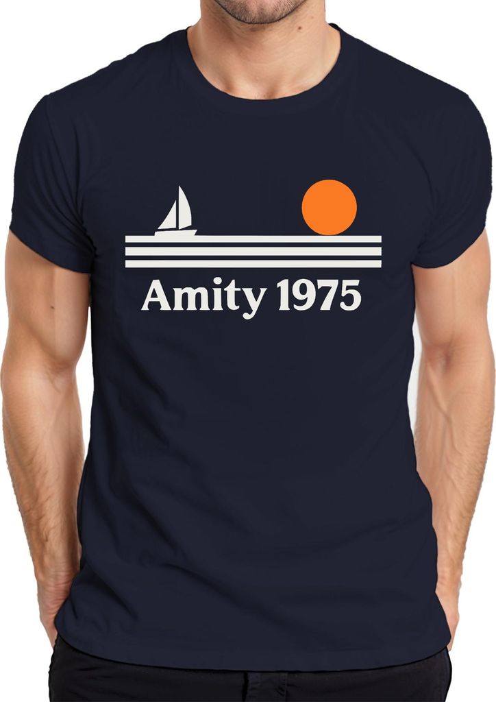 Amity 1975 Segelboot Sonnenuntergang Retro Maritim Strand Insel Herren T-Shirt, Navy, M