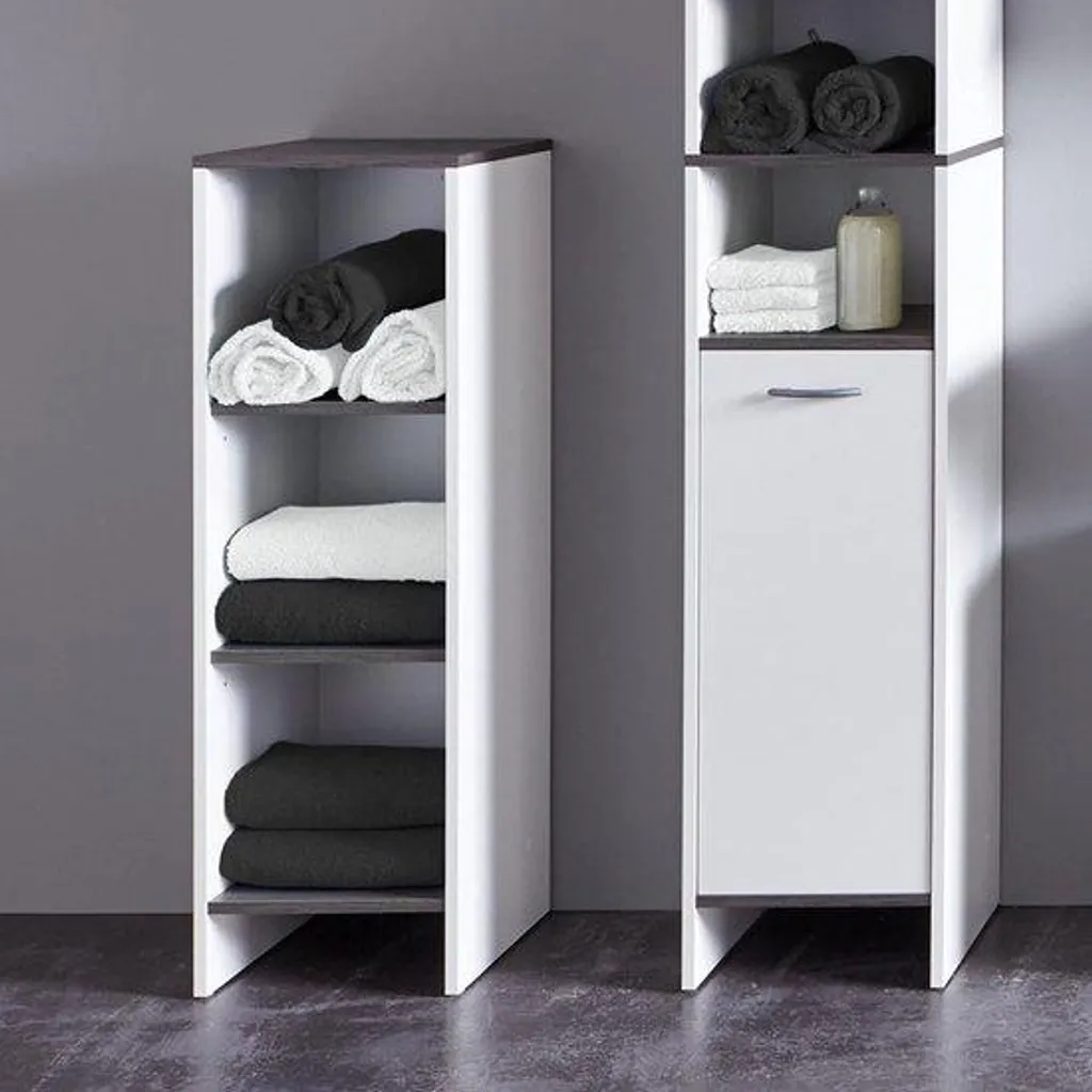 Colonne de rangement salle de bain blanche et étagères pour accessoires