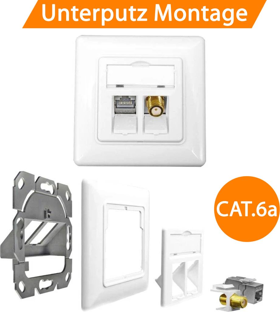 ORSEM Netzwerkdose Keystone Dose Jack Modul Cat6a / CAT7 / CAT8 RJ45 LAN + TV SAT F-Antenne Unterputz Datendose Verlegekabel vollgeschirmt Uni Weiß