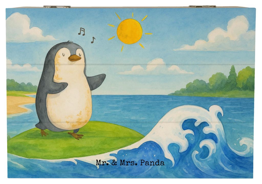 Mr. & Mrs. Panda Box Pinguin Surfer Design 22 x 15 cm - Weiß - Geschenk, Surfen, Holzkiste, Optimistisch, fotobox, Portugal, Geschenkbox, schmuckb...