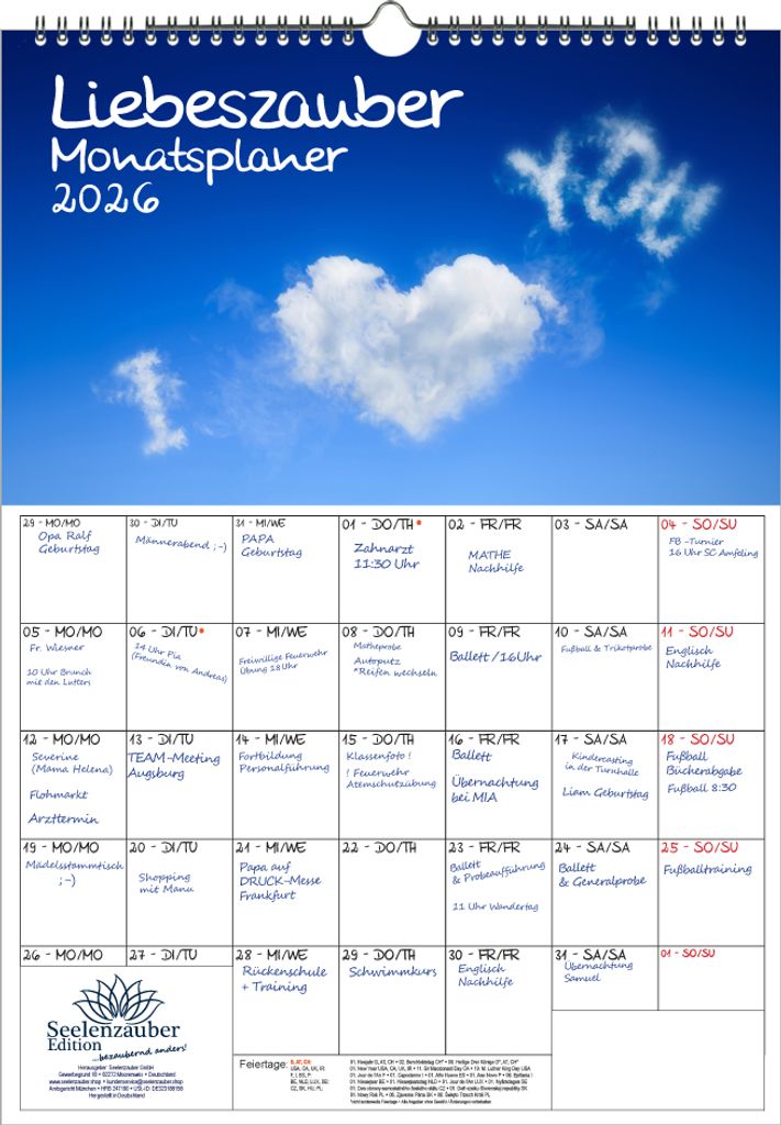 Liebeszauber Planer DIN A3 Kalender für 2026 Liebe - Seelenzauber