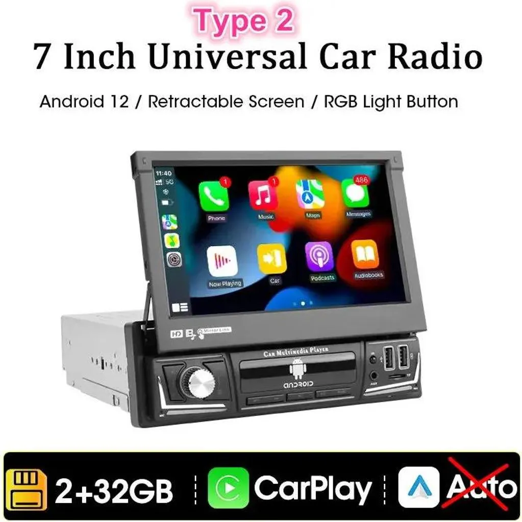 Autoradio GPS 1 DIN avec CarPlay sans fil et écran escamotable