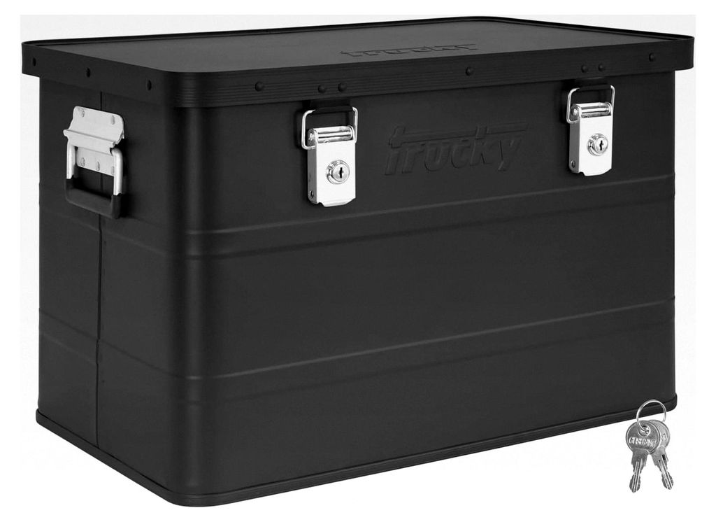 Aluminiumkiste mit Deckel in Schwarz, Transportbox aus Aluminium, abschließbare Metallbox, Aufbewahrungsbox, Maße: 57 x 38 x 38 cm / 65 Liter