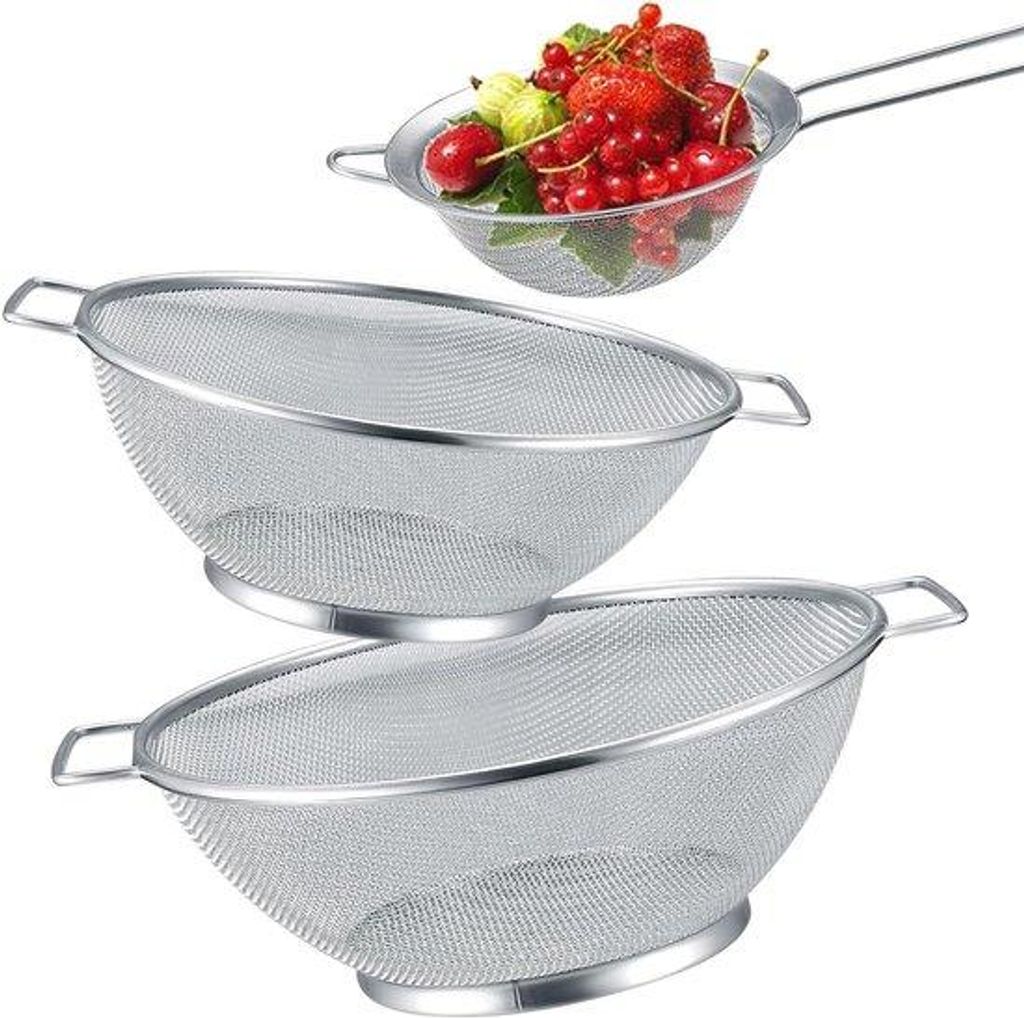 Feinmaschiges Kochsieb 3er-Satz - Ø 24,5 cm, Ø 21,5 cm, lange Stahl-Rutsche