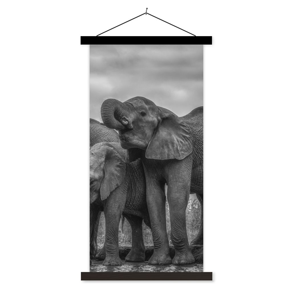 MuchoWow Textilposter Elefant - Tiere - Wasser - Schwarz und weiß 90x180 cm mit schwarzem Rahmen - Dekoration Wohnzimmer
