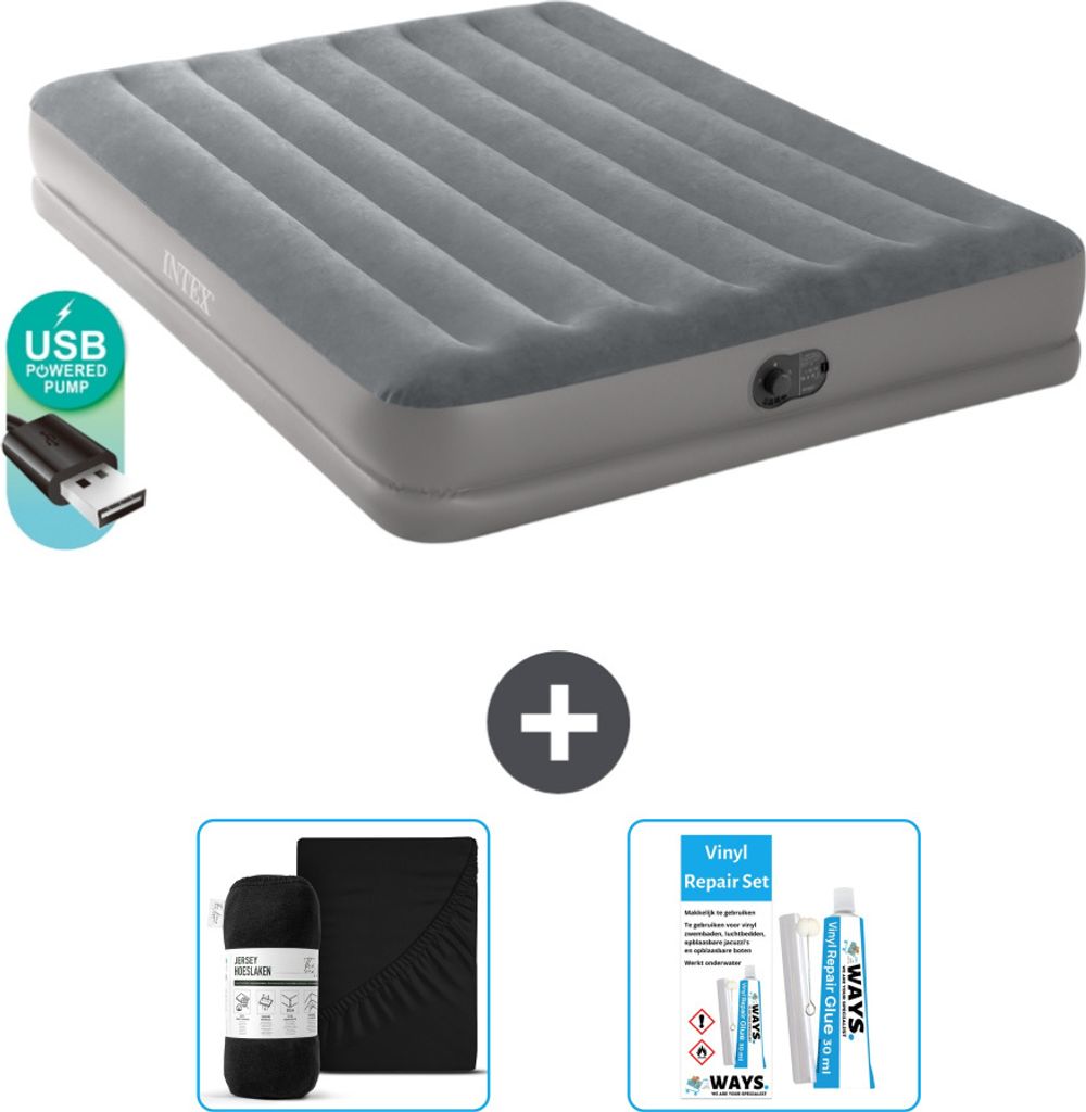 Intex Luftbett - 2 Personen - 152 x 203 x 30 cm - Grau - Inklusive Pumpe - Spannbettuch en Reperaturset