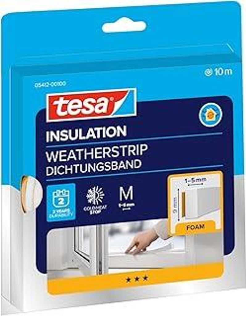 tesa INSULATION Dichtungsband - Schaumstoffdichtung zum Isolieren von Spalten im Haushalt, selbstklebend - Weiß - 10 m x 9 mm x 5,5 mm