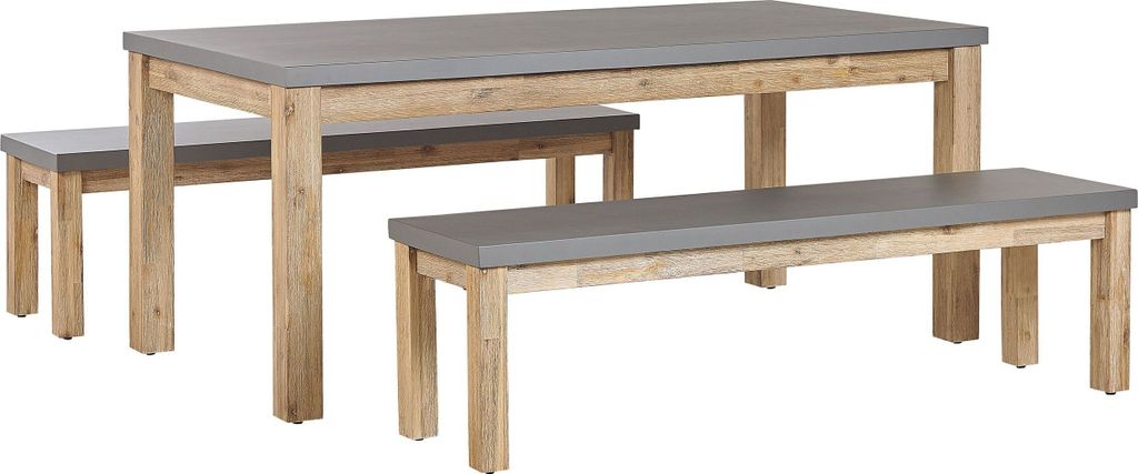 BELIANI Gartenmöbel Set Tisch 2 Bänken Grau / Heller holzfarbton Faserzement / Akazienholz Indoor & Outdoor Garten Schlafzimmer Wohnzimmer