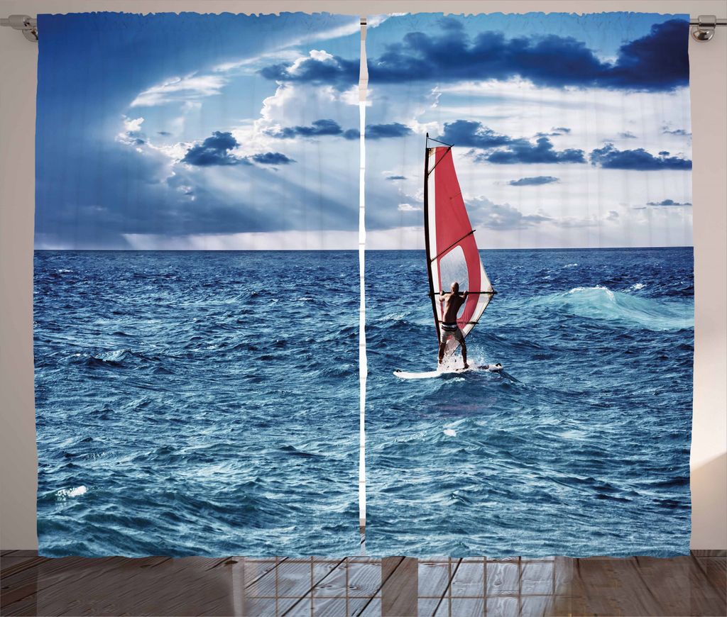 ABAKUHAUS Reite die Welle Rustikaler Gardine, Windsurfer auf Meer, Schlafzimmer Kräuselband Vorhang mit Schlaufen und Haken, 280 x 245 cm, Nachtblau