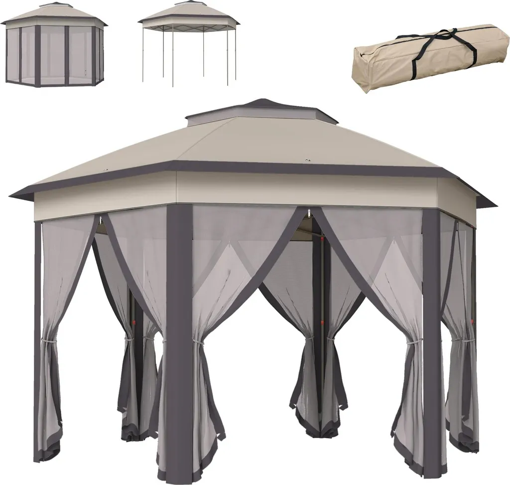 Pavillon de Jardin 4x3,4m Tente Pliante avec Double Toit et 6 Moustiquaires