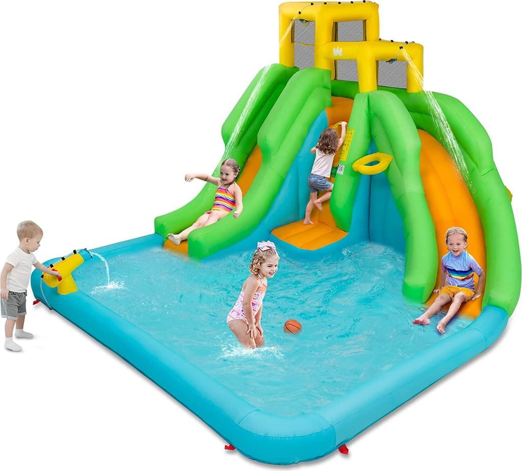 Aufblasbar Wasserpark mit Doppelrutsche, Kletterwand & Planschbecken, 400 x 360 x 255 cm Hüpfburg für Kinder 3-10 Jahre, Wasserrutsche für Garte...