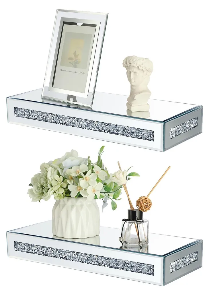 Étagères miroir diamant 38 cm (x2) - Fixation murale, verre miroir