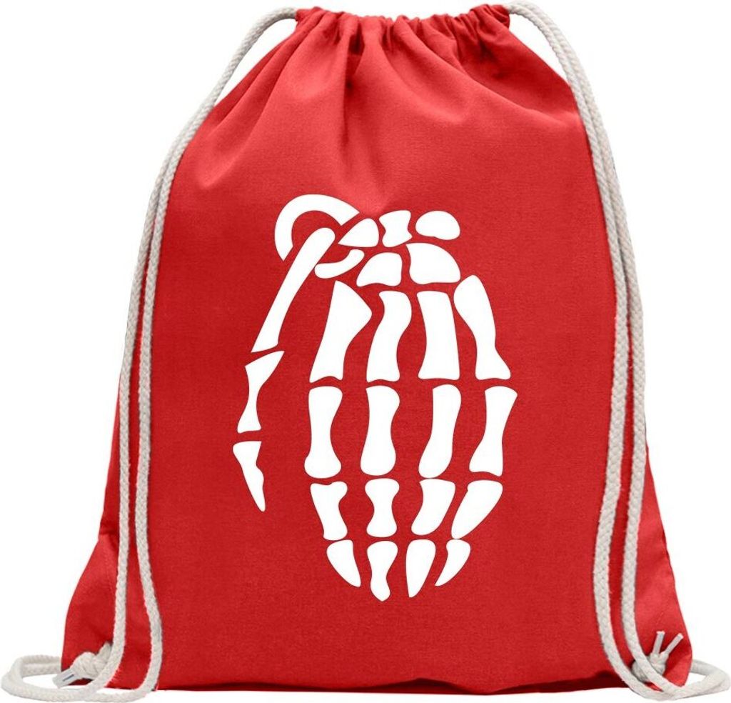 Kiwistar - Turnbeutel - rot - Knochen Skelett Handgranate - Fun Rucksack Sport Beutel Gymsack Baumwolle mit Ziehgurt