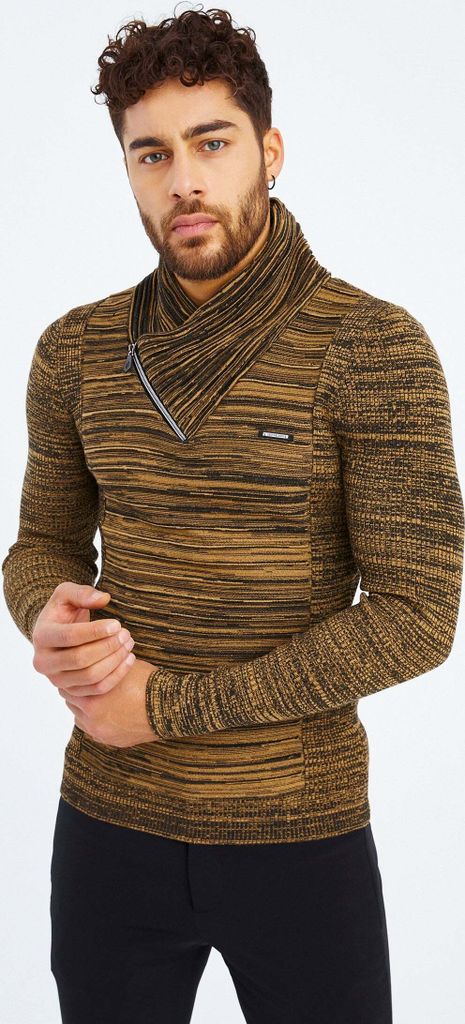 Leif Nelson Schalkragen Herren Strickpullover Feinstrick Schalkragen LN-1535, Beige Schwarz / M