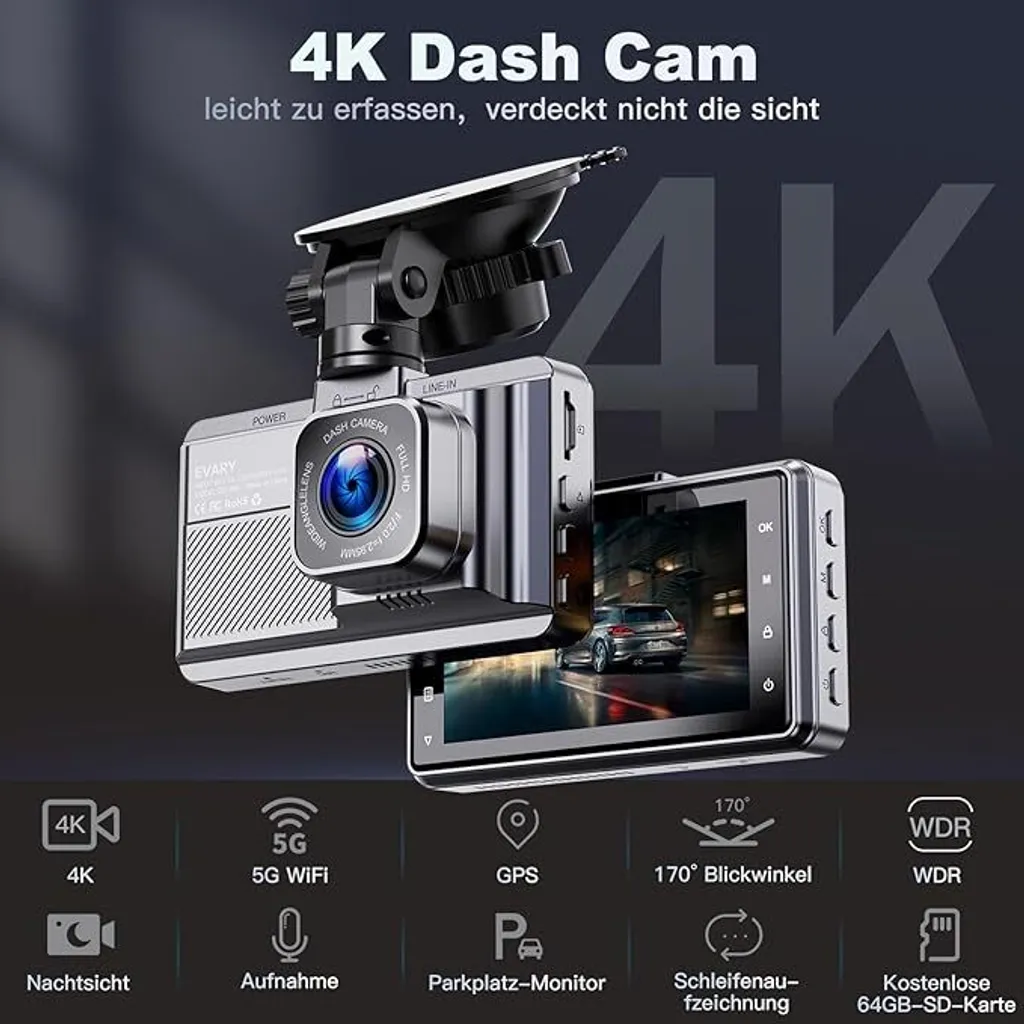 Smart Dash Cam, Dash Cam HD per Auto con Visione Notturna, Registrazione in Loop ADAS, Connessione USB Telecamera per Cruscotto Smart Car Supportata da GPS per Guida