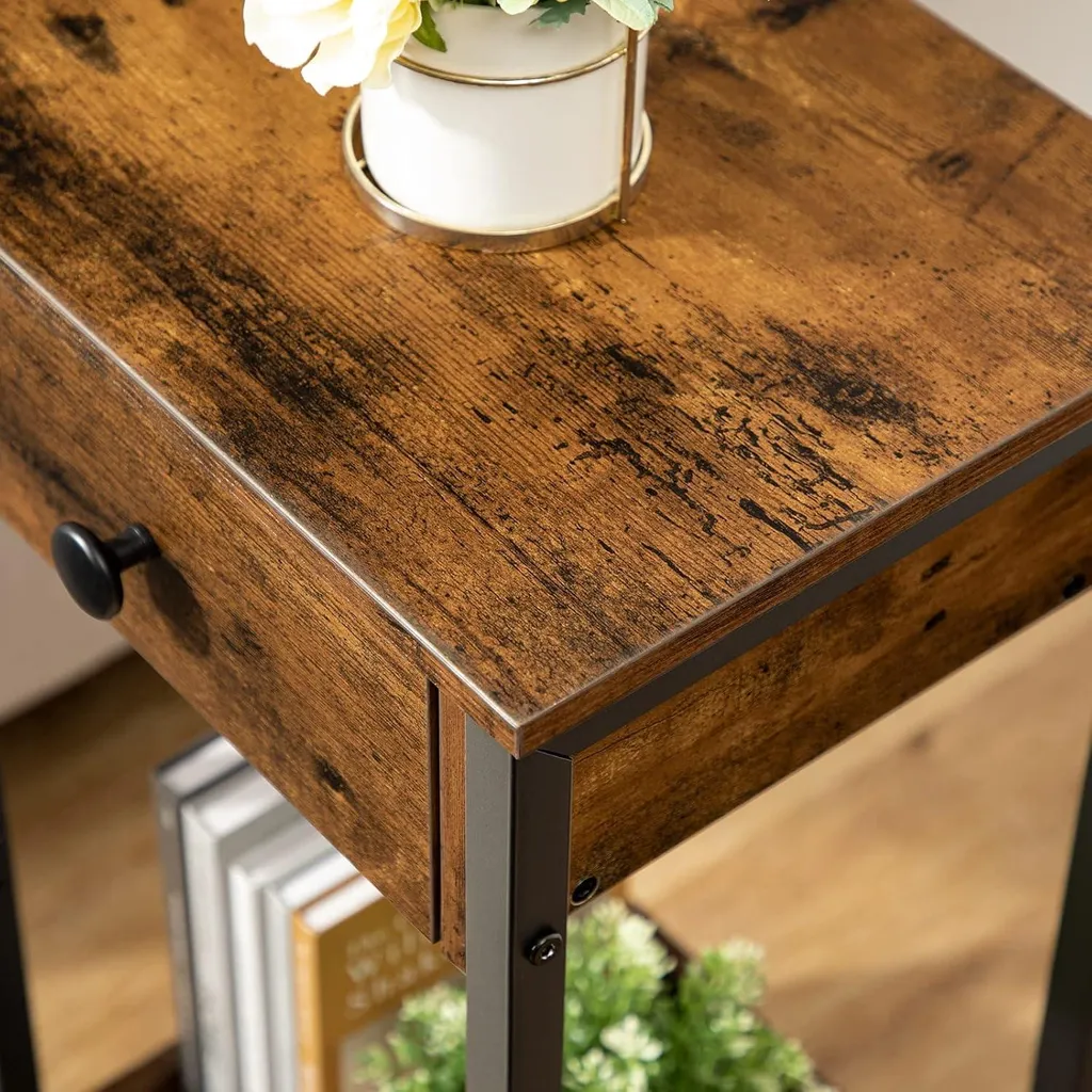 Petite table d'appoint avec tiroir et étagère brun rustique 40x40x55 cm