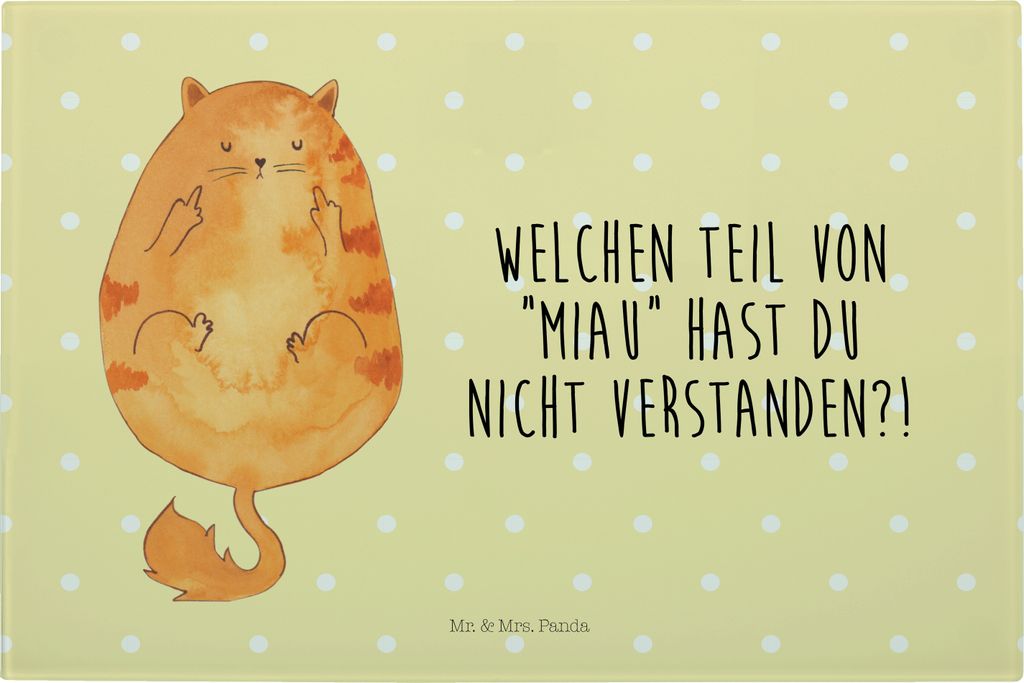 Mr. & Mrs. Panda Servierplatte Katze Mittelfinger - Gelb Pastell - Geschenk, Vesperplatte, Cat, Hackbrett, Kater, Mietze, Schneidebrett, Glasschnei...