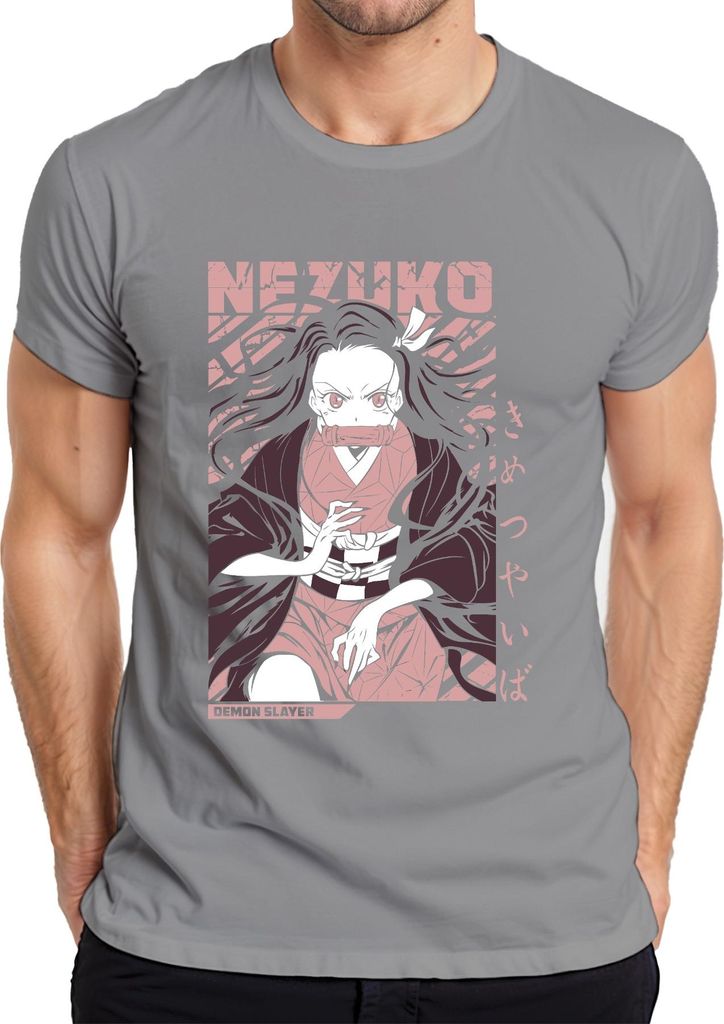 Nezuko Demon Slayer Kimetsu no Yaiba Anime Geschenk Cosplay Fan Herren T-Shirt, Grau, XXL