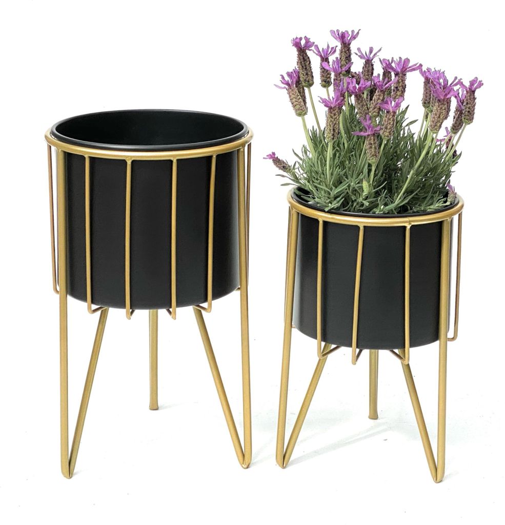 DanDiBo Blumenhocker mit Topf Metall Gold Schwarz Rund 2er Set Blumenständer 96039 Blumensäule Modern Pflanzenständer Pflanzenhocker