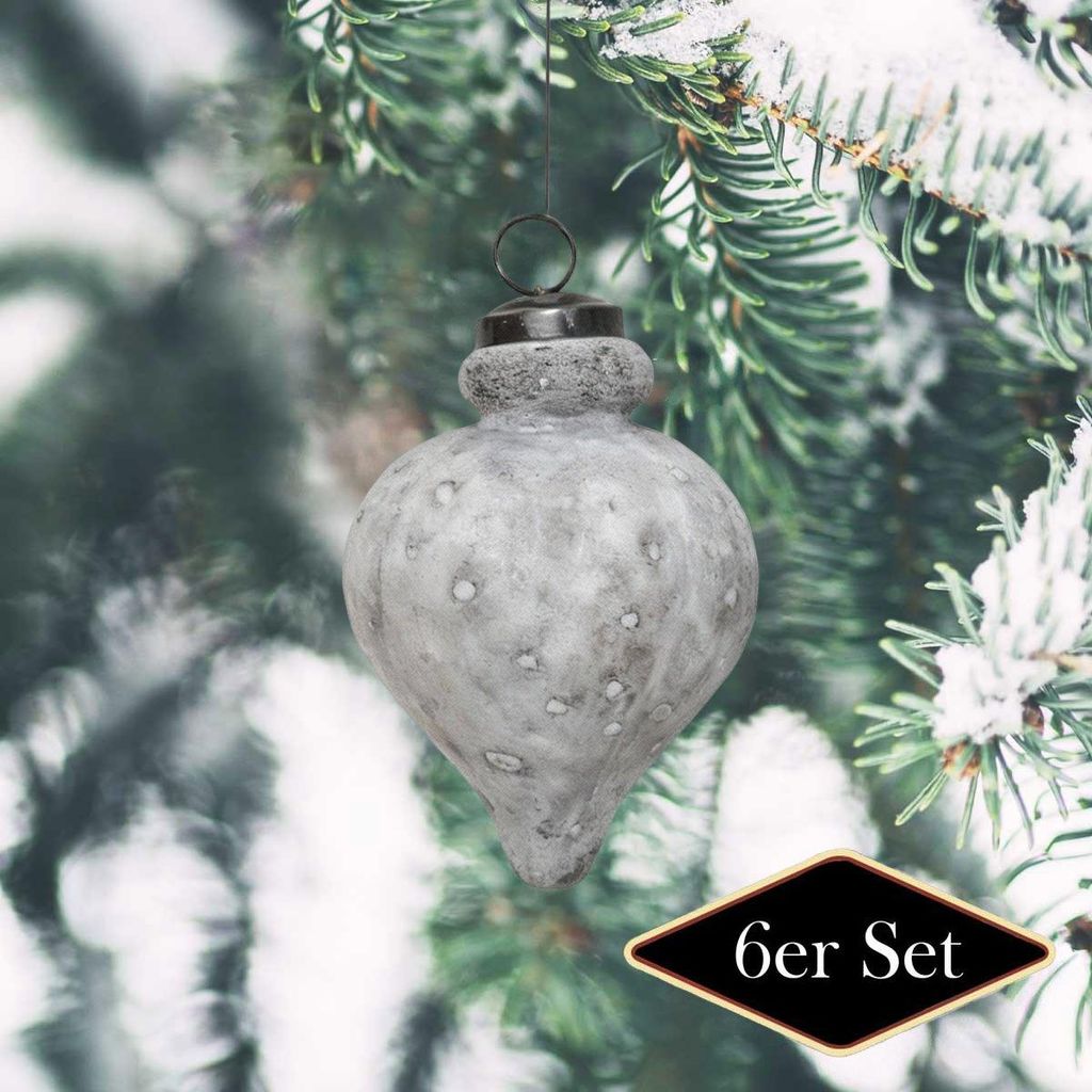 Weihnachtskugel Tropfen Glas, weiß frosted - handgemacht in Indien, H.12cm