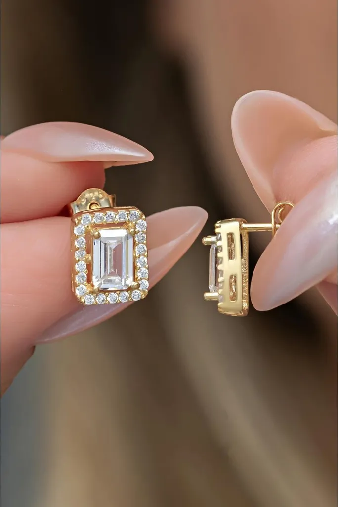Bijou d'oreille de mariage en argent doré et pierre baguette luxe