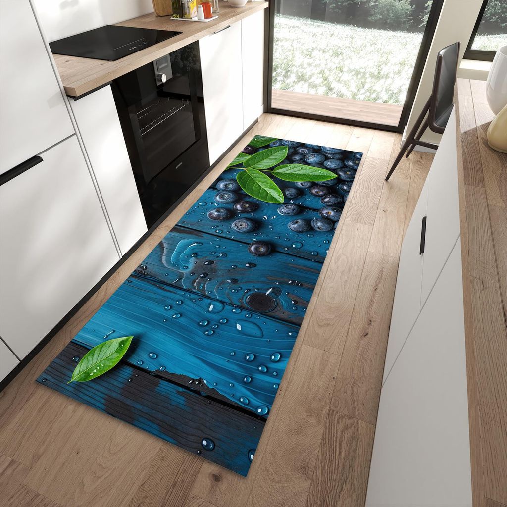 Küchenteppich 90x240cm rutschfest & abwischbar PVC Läufer - Blaubeeren auf Holz