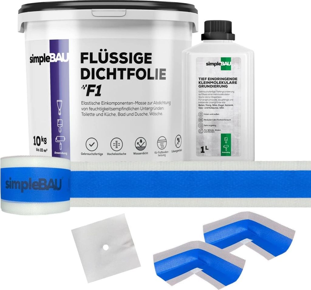 SimpleBau Dichtmasse Wasserdicht 10 kg & Tiefengrund 1L , Abdichtmasse für Bad, Dusche, Fliesen & Fußbodenheizung , Einkomponente und Lösemittel...