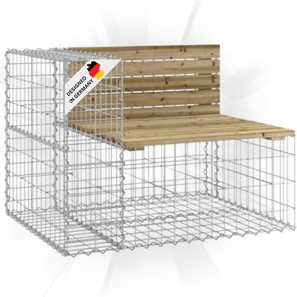DELUKE Gartenbank Gabionen INO aus Stahl | 92x71x65,5cm Kiefernholz Braun | Gabionenbank Gartenbank mit Sitzfläche aus Gabionen Steinkorb Gabion...