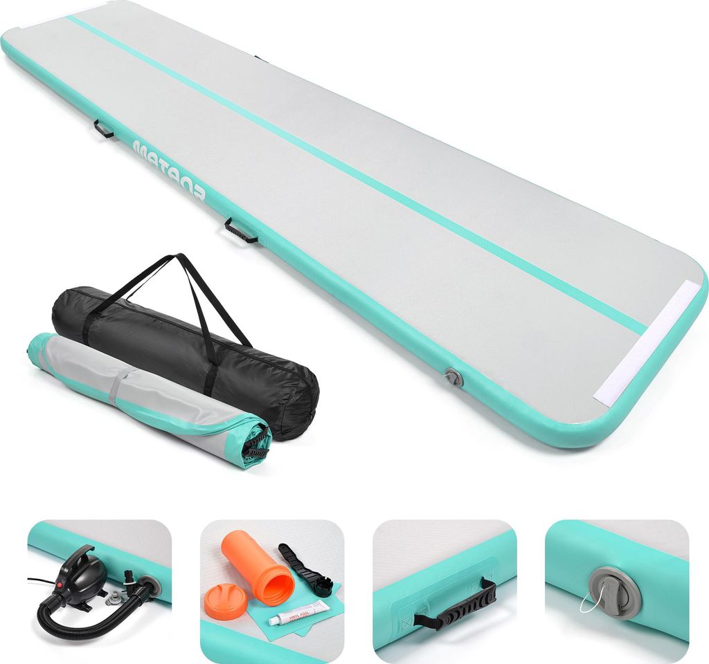 Meteor Airtrack Hellblau 4m Aufblasbare Trainingsmatte Akrobatik Gymnastikmatte mit Pumpe und Tasche