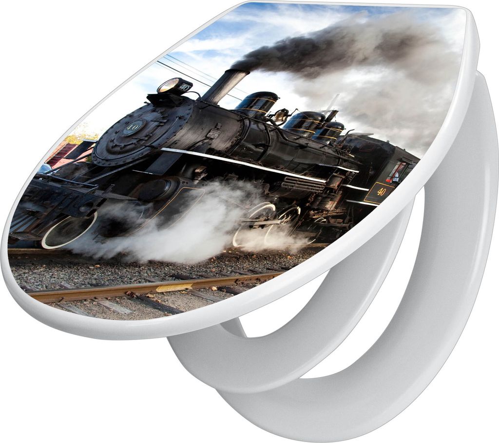 banjado Familien WC Sitz mit Absenkautomatik 37x44,5x5cm -Dampflok - Klodeckel/Klobrille mit kindersitz aus hochwertigem Polypropylen - universelle...