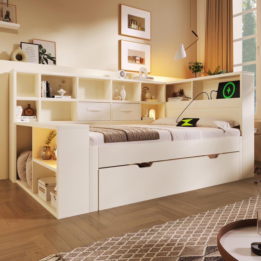 okwish Tagesbett 90x190 Schlafsofa Einzelbett mit Ausziehbett und Ladeanschlüsse,Kinderbett Jugendbett mit Ablagefächer am Bettkopfteil,Ausziehbe...