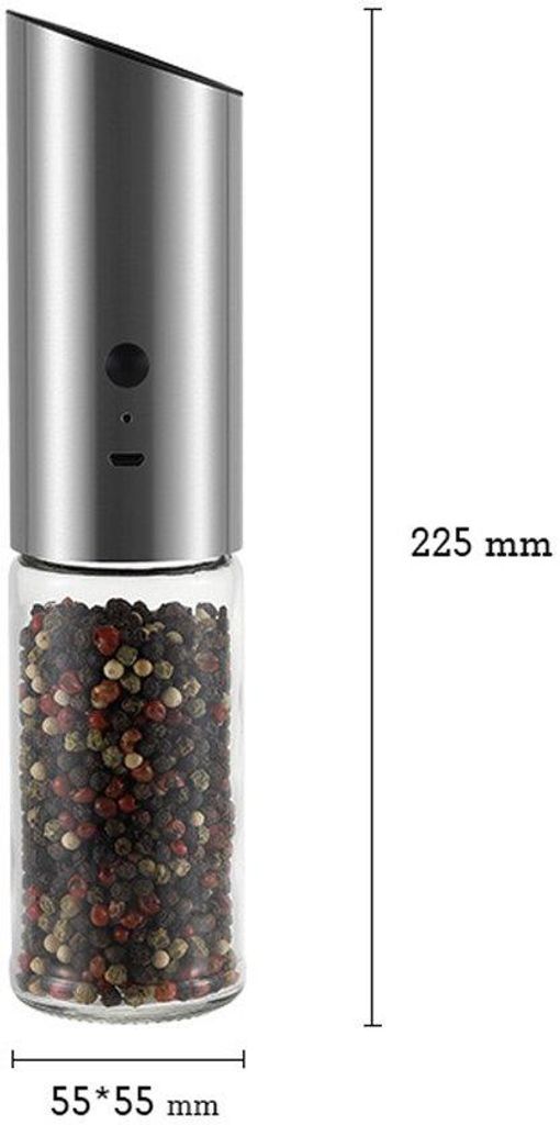 Elektrische Mühle für Salz und Pfeffer mit automatischer Schwerkraftsensorik, USB-Lade-Funktion, einstellbarer Grobheit, Edelstahl, LED-Lampe