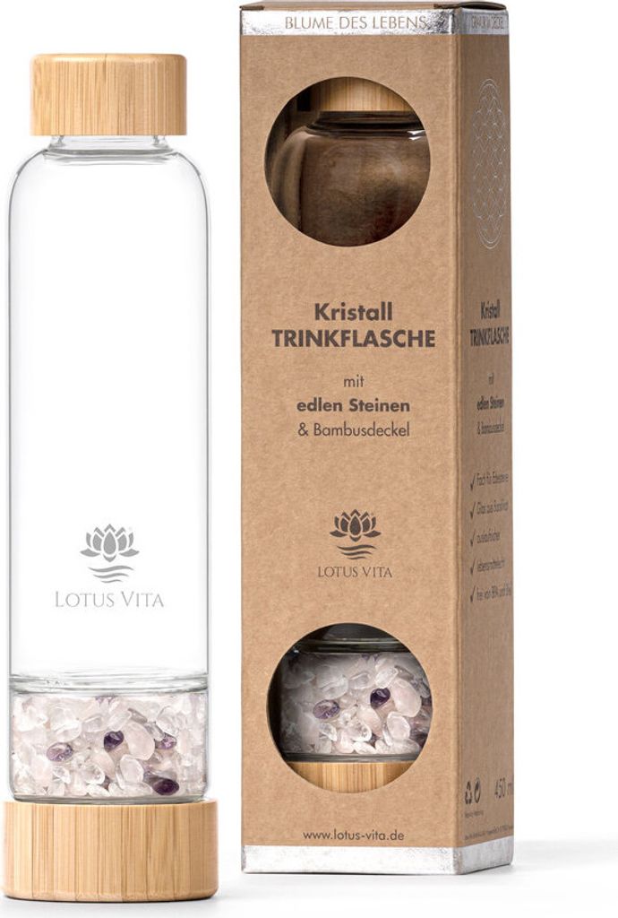 Lotus Vita Kristallsteinflasche mit Rosenquarz / Bergkristall / Amethyst