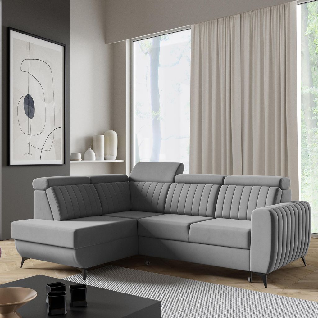 Ecksofa CONNOR II, Grau, L-Form - mit Schlaffunktion, Bettkasten & Ottomane links