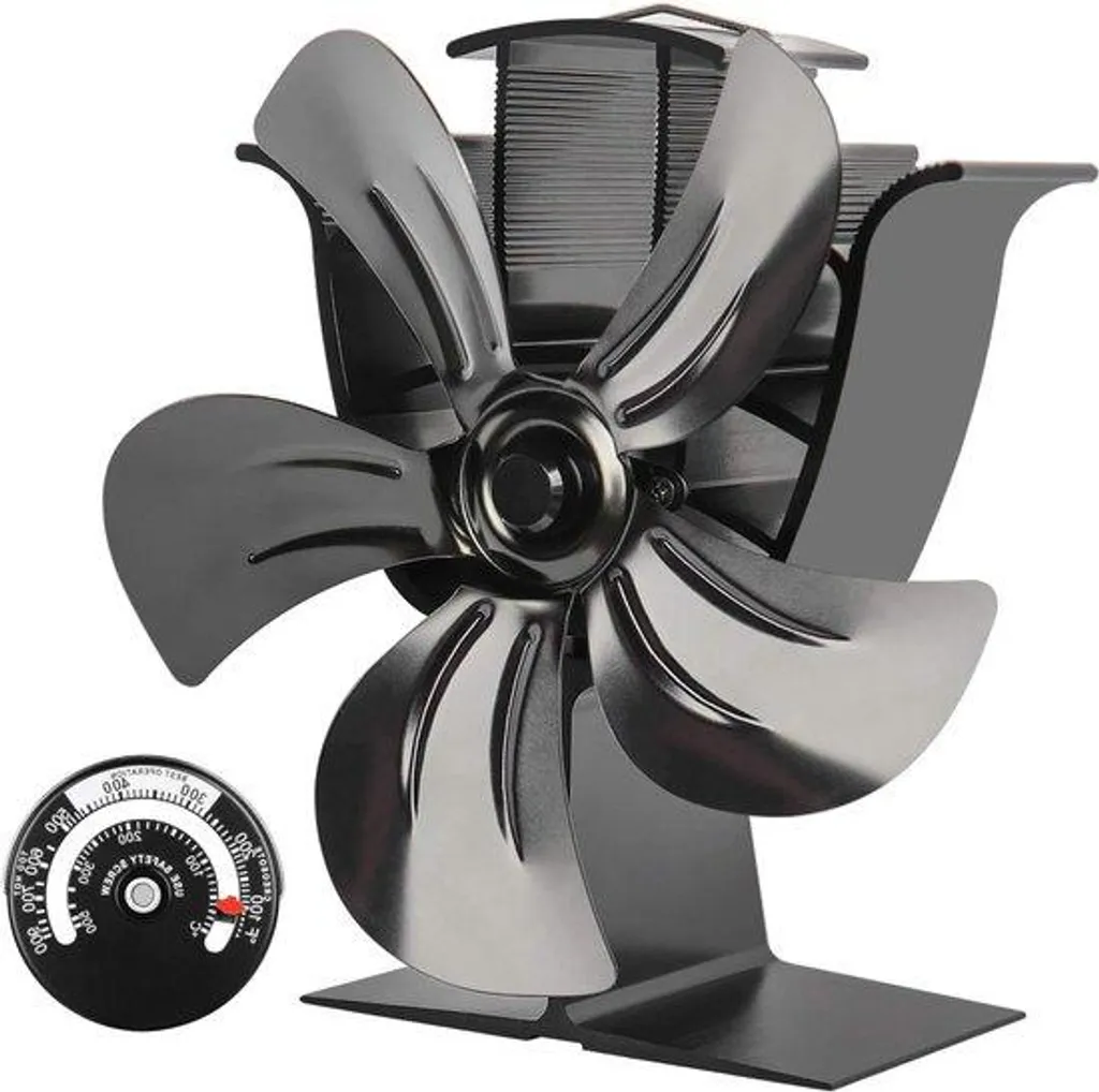 Grand ventilateur de cheminée noir à 5 pales pour poêle à bois performant