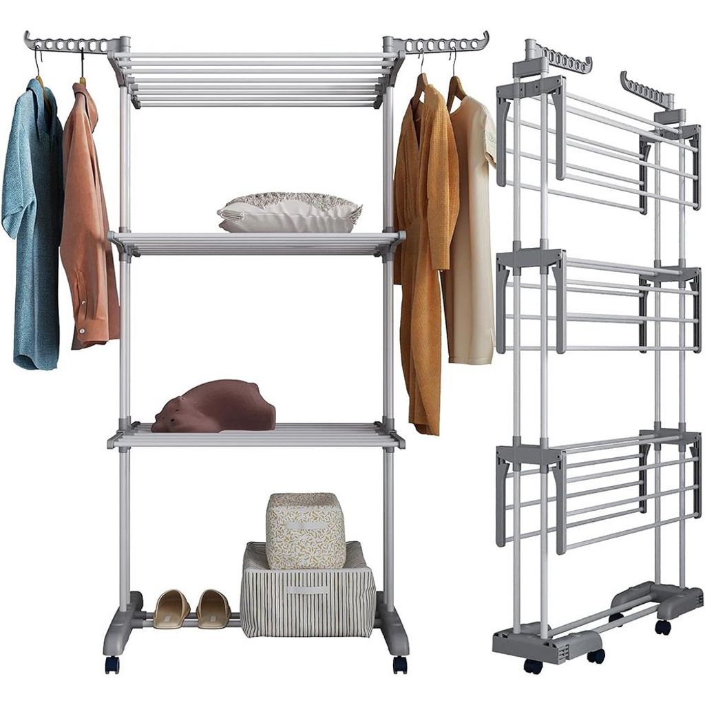 Wäscheständer, Standtrockner 3 Ebenen, mit Rollen, 170 x 74 x 64 cm, Ergonomischer Wäscheständer Platzsparend Wäscheturm für Innen & Außen (...