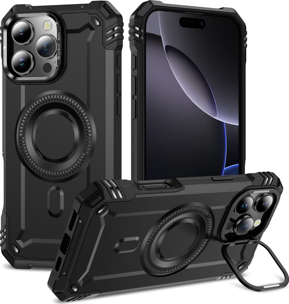 Magnetisch Hülle für iPhone 16 Pro, Heavy Duty Militärischer Stoßfest Handyhülle Kamera-Ringständer Schwarz