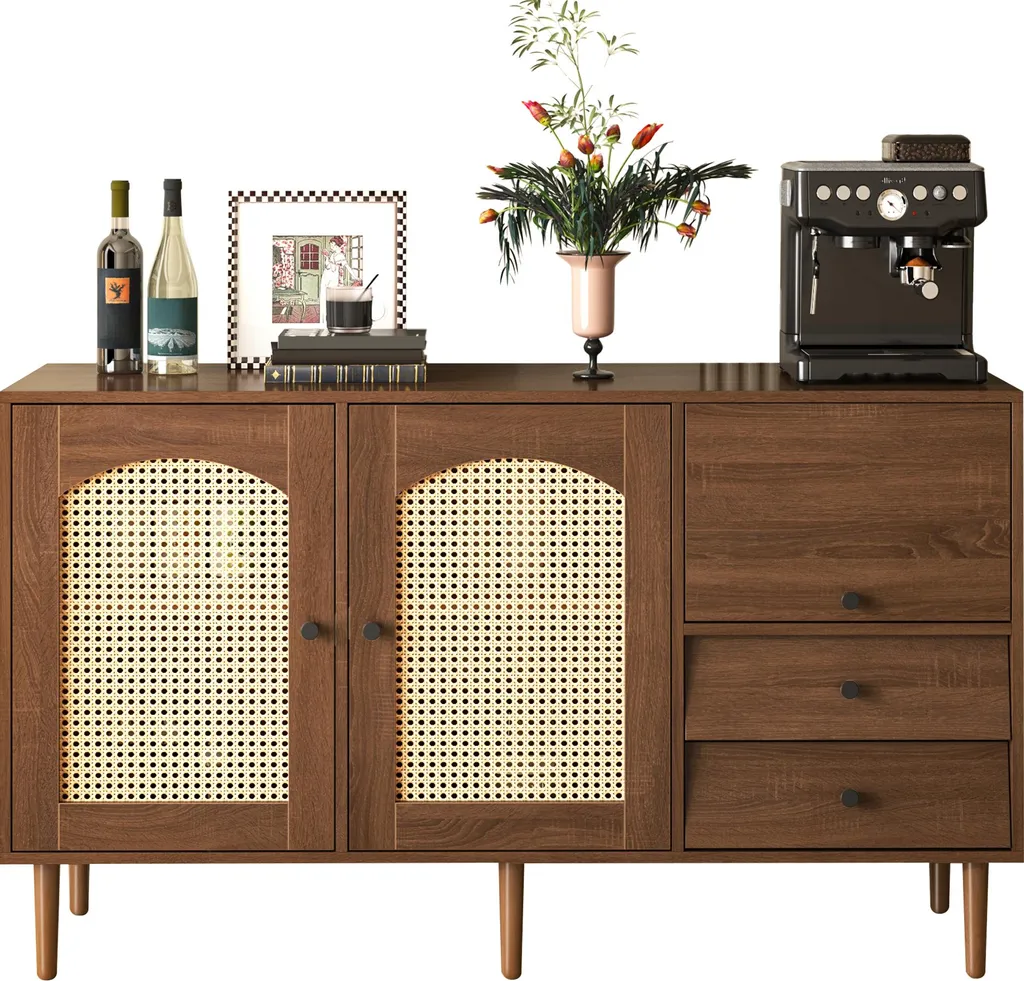 Enfilade basse en rotin et bois massif pour salon - Rangement 130 cm