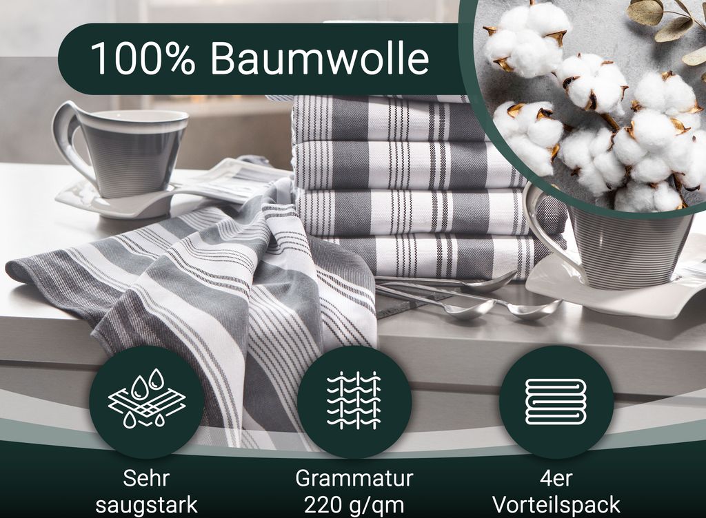4er Set Geschirrtücher, 50x70 cm, 100% Baumwolle, grau Produktbild 5