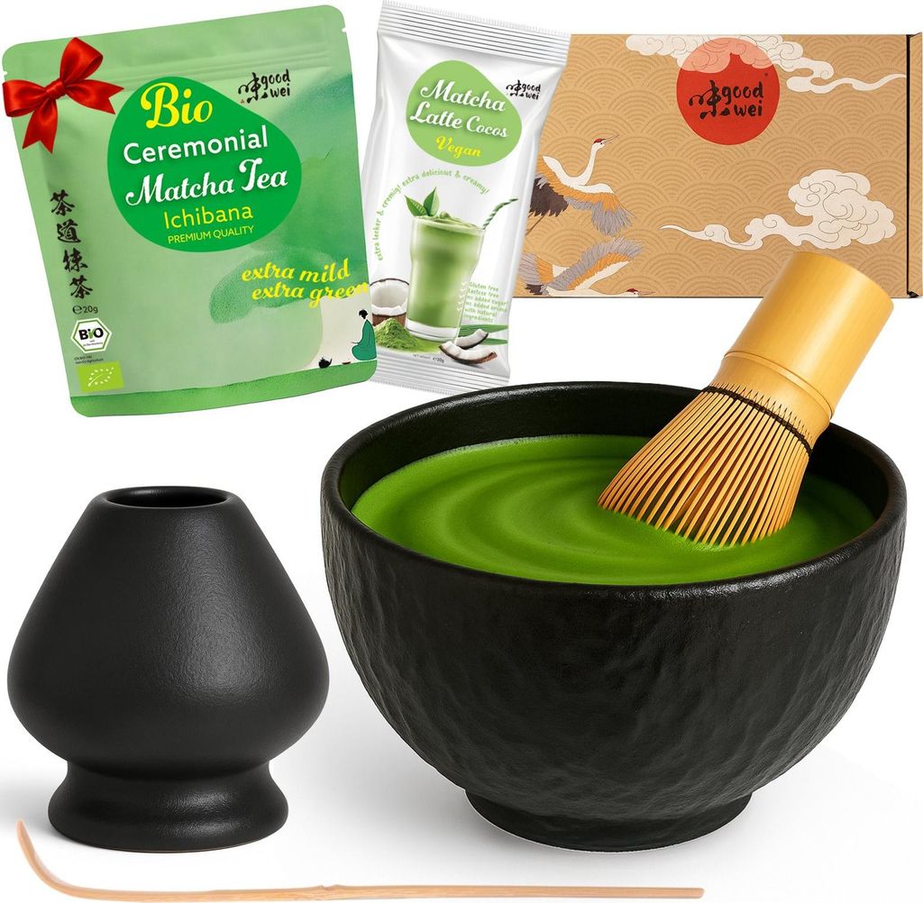 Matcha Teezeremonie Set "Rokku Kuro" mit Schale, Besen, Besenhalter & Matchapulver + Cocos – japanisches Komplettset für Einsteiger