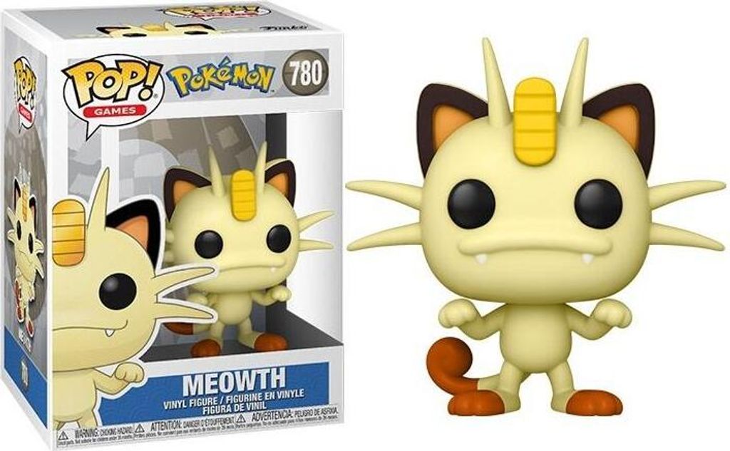 A Funko Pop! vinyl figure of the Pokémon character Meowth, shown both inside its packaging and outside.