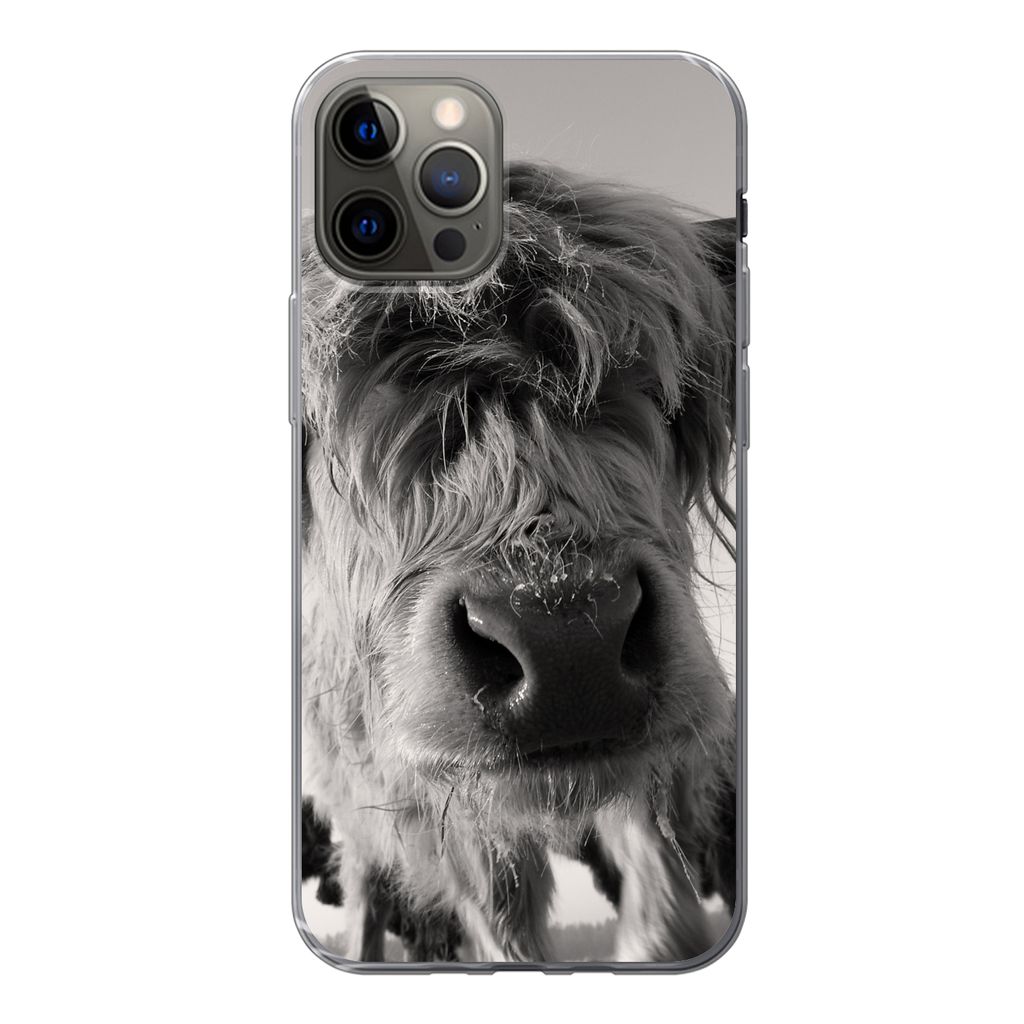 MuchoWow Handyhülle Schutzhülle Hülle für iPhone 12 Pro Schottischer Highlander - Schwarz - Weiß - Tiere Silikon Softcase Handy Hülle - Abd...