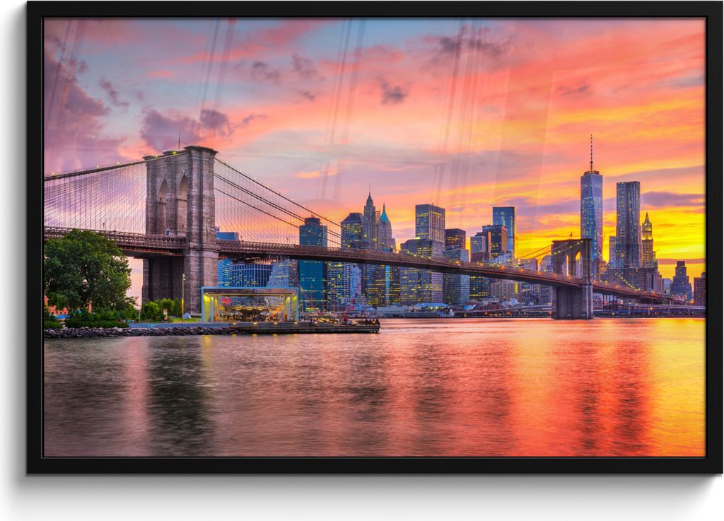 MuchoWow MuchoWow Gerahmtes Poster New York - Sonne - Brooklyn Bridge 90x60 cm - Poster mit zchwarzem Bilderrahmen - Fotorahmen - Foto-Plakat