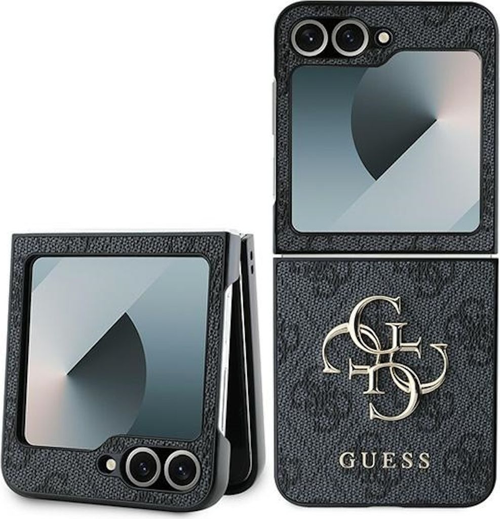 A black flip phone case with the Guess logo and branding, shown in both open and closed positions.