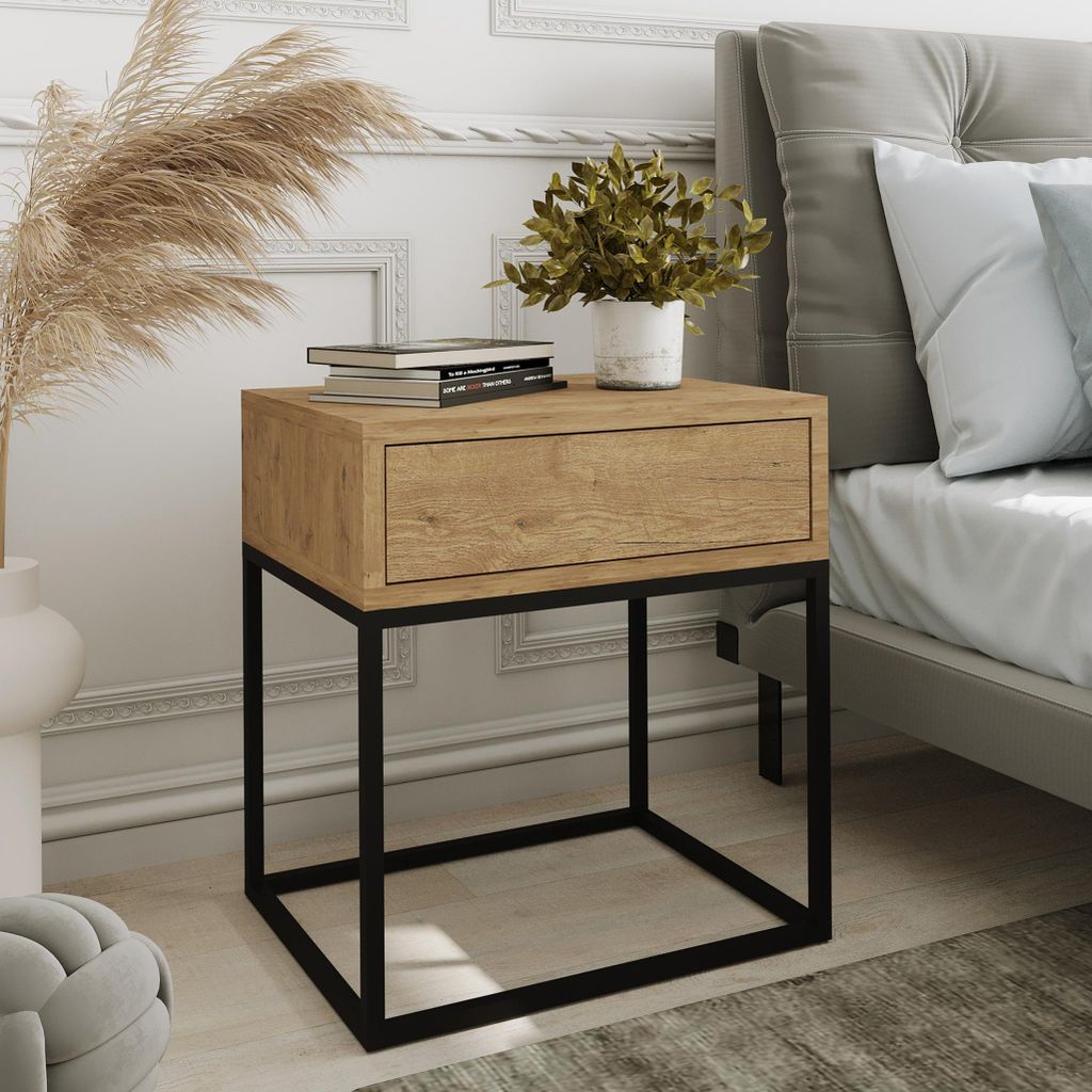 AX LIVING Nachttisch Kommode Aleio 45 cm Eiche Wotan schwarzes Gestell