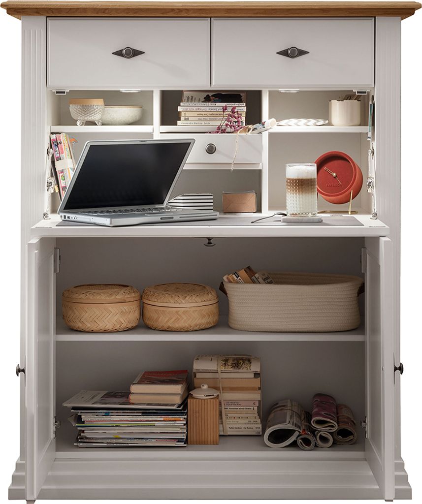 Sekretär inkl. Beleuchtung, Kiefer weiß mit Eiche, ESBJERG-69