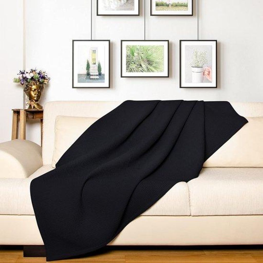 Famanu Sprei 240x260 cm schwarz, Baumwoll-Z Sommerdecke mit Waffelstruktur