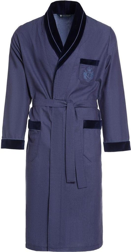 LEVERIE edler und hochwertiger Morgenmantel für Herren mit elegantem Muster, Indigo mit Emblem, Gr. XXL