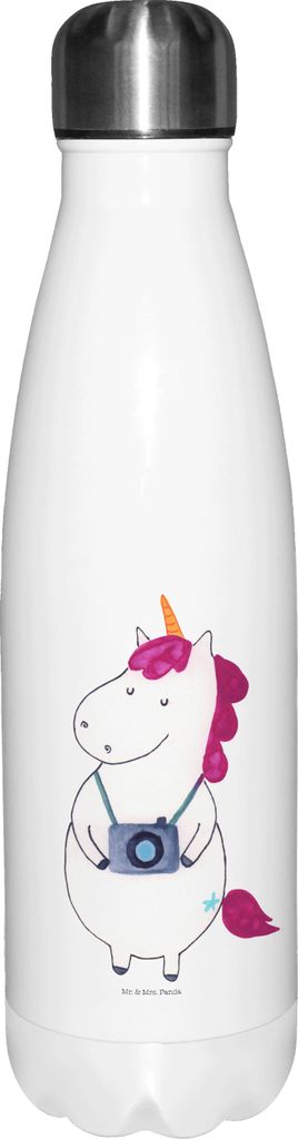 Mr. & Mrs. Panda Trinkflasche Einhorn Fotograf - Weiß - Geschenk, Wasserflasche, Urlaub, Unicorn, Sportflasche, Kurztrip, Thermos, Kamera, thermo,...
